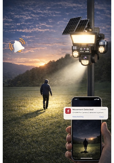 O-kam Ok334 Premium 12mp 4 Kameralı 4g 3 Solar Panel Aov Gece Görüş Sesli Konuşma Akıllı Kamera Ve Kumandalı Projektör Turkcell Sim Kart