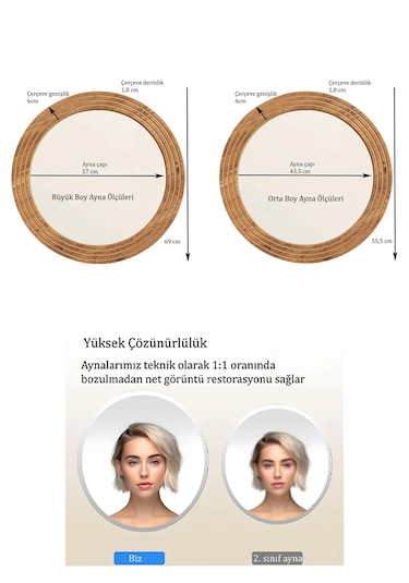 Antik 2 Li Dekoratif Ayna Seti Yuvarlak Banyo Duvar Aynası 69 -56 Açık Kahverengi