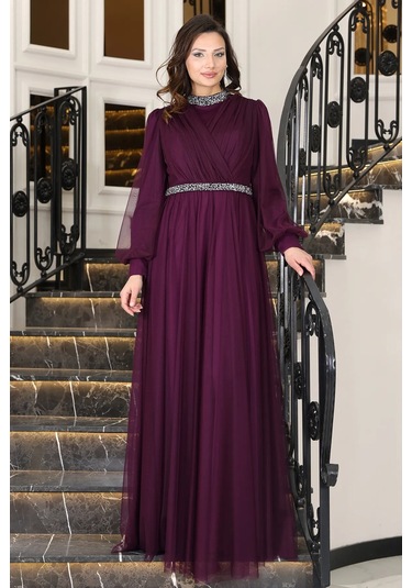Senna Taş Detaylı Büyük Beden Şık Tesettür Abiye Mürdüm