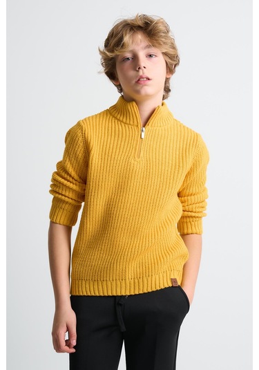 Alexandergardı Dik Yaka Fermuarlı Erkek Çocuk Kazak C23-7108 Hardal