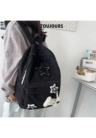 Ebitda Siyah Y2k Estetik Sırt Çantası Yıldız Desen Tiki Kadife Sırt Çantası, Üniversite Öğrencisi Bilgisayar Çantası Kız İçin Siyah
