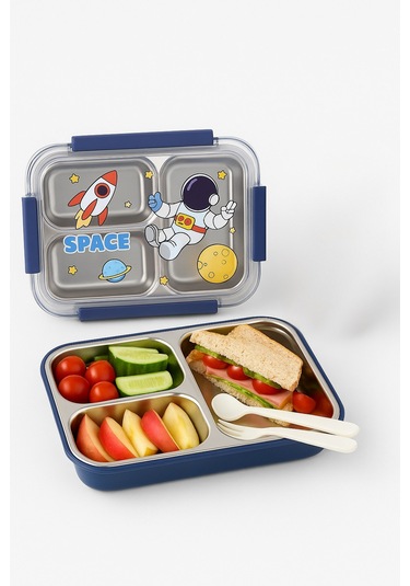 Dekorasyaa Mavi Çocuk Beslenme Kabı - Bölmeli Lunchbox - Vakumlu - 3 Bölmeli Mavi