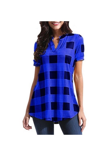 Hnxc Kadın Modası Rahat Yazlık Ekose Desenli Kısa Kollu V Yaka Bluzlar Ve Gömlekler Mavi