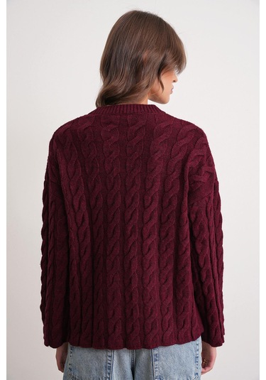 6973 Kadın Saç Örgülü Regular Basic Triko Kazak Bordo Bordo