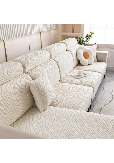 Örme Tembel Kanepe Kılıfı Ev Streç Koltuk Örtüsü, Renk: Bej Ekstra Büyük İkili Kişi Beyaz