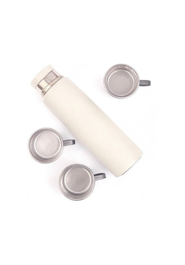 304 Paslanmaz Çelik 3 Bardaklı Termos Seti Çay Kahve Piknik Kamp Krem Krem