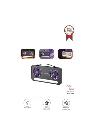 Torima F-23 Siyah Led Işıklı Çift Fanlı Mini Masaüstü Vantilatör 1200mah Şarjlı, Type-c Girişli, Taşınabilir Fan