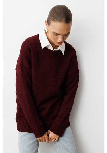 Mizalle Yuvarlak Yaka Oversize Bordo Triko Kazak Bordo