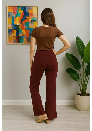 Kadın Yüksek Bel Triko Pantolon Bordo