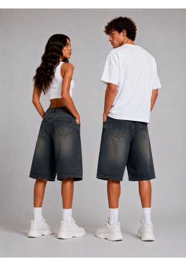 St.poll Eskitme Yıkama Unisex Baggy Denim Şort Kahverengi