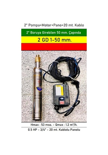 2 Gd 1-50 Mm Çapında 0.5 Hp 2" Boruya Göre Dalgıç Pompa+motor+pano+20 Mt. Kablo