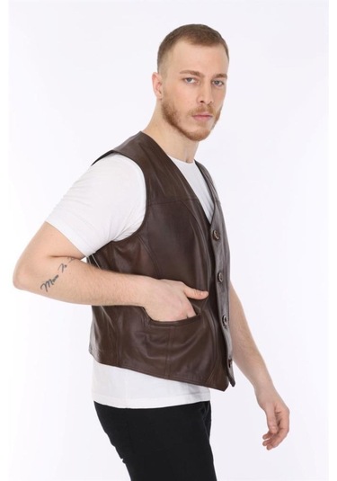 Hakiki Kuzu Derisi Kahverengi Classic Düğmeli Erkek Deri Yelek Kahverengi