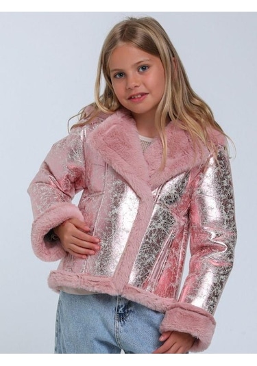 Kız Çocuk Parlak Kumaş İçi Peluş Detaylı Tasarım Mont-14266 Pembe