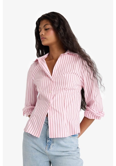 Defacto Fitted Gömlek Yaka Çizgili Poplin Uzun Kollu Gömlek F9209ax25aupn447 Pembe