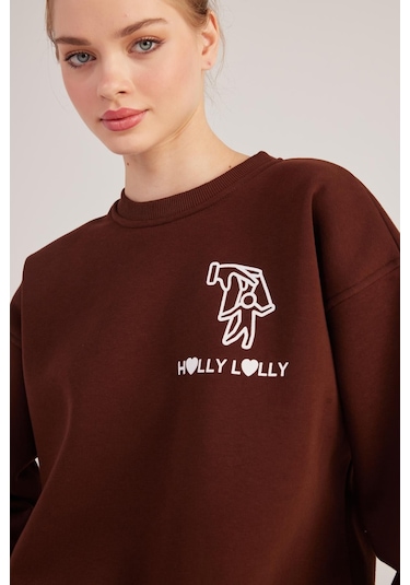 Holly Lolly Oversize Kesim Unisex Gaslighting Sweatshirt Kahve