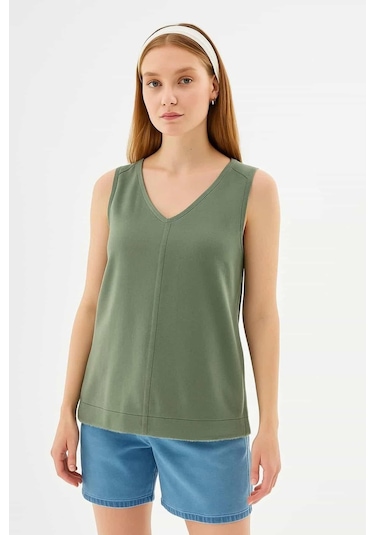 Fashion Friends Rahat Kalıp V Yaka Basic Bluz Bayan Bluz 26y0530k1 Haki