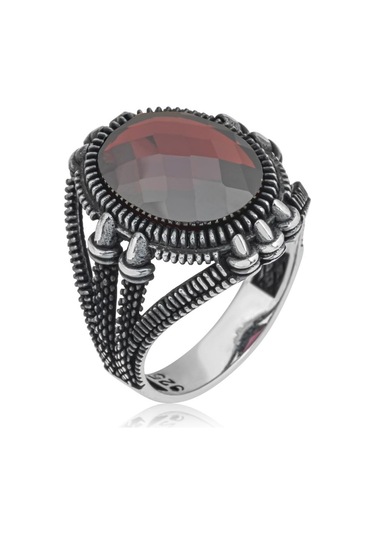 Oval Kırmızı Taşlı 925 Gümüş Erkek Yüzük