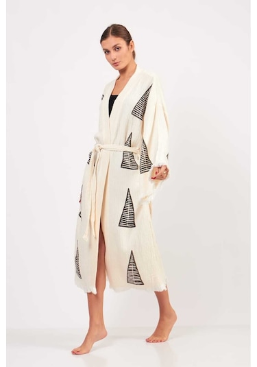 Befera Müslin Kimono Pamuklu Piramit Desenli Bornoz Kaftan Sabahlık Ekru