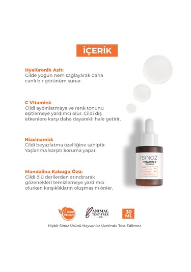 Sinoz Ton Eşitleyici Aydınlatıcı Vitamin C %4 Niacinamide %2 Yüz Serumu Tüm Ciltler İçin 30 ML