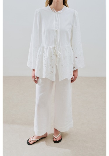 Bağlamalı Nakışlı Tunik Ekru Ekru