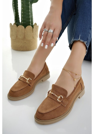 Muggo Sussie Garantili Metal Tokalı Kadın Loafer Günlük Ayakkabı - Süet Taba