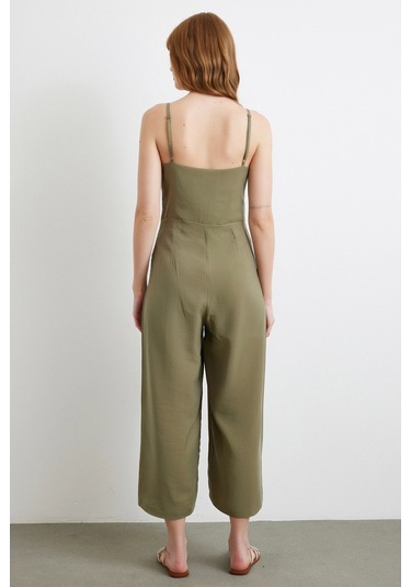 Nevermore Fiyonklu Askılı Tulum Haki Haki