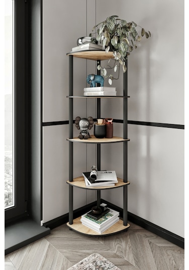 Masivo Köşe Kitaplık Safir Meşe 5 Katlı Meşe