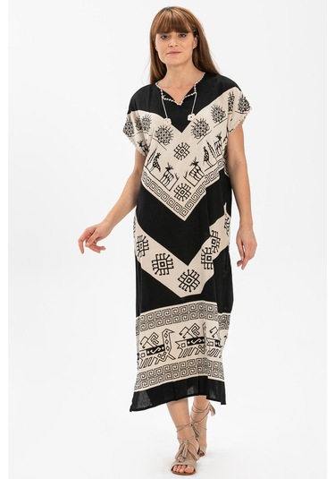 Kısa Kol Pamuk Hitit Uzun Elbise V Siyah V Siyah-v Siyah
