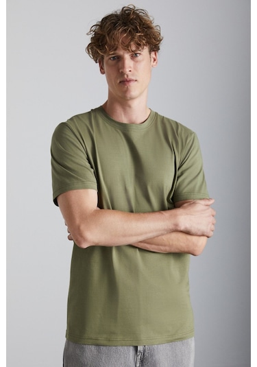 GRIMELANGE Solo Erkek %100 Organik Pamuklu Kalın Dokulu Comfort Fit Bisiklet Yakalı Haki T-shirt Haki