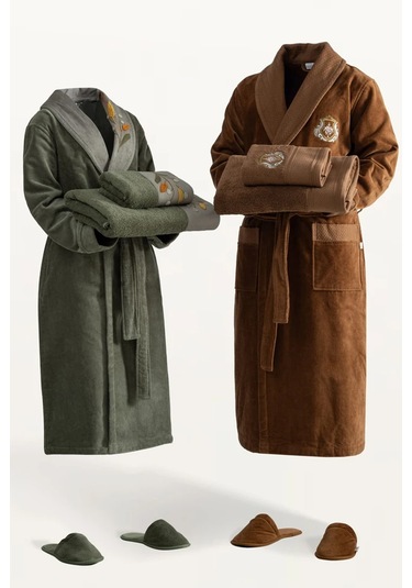 Ecocotton Farah Yeşil/kahve %100 Organik Pamuk 10 Parça Aile Bornoz Seti M-l Yeşil