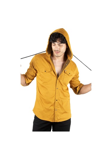 Deepsea Erkek Hardal Sarısı Kapüşonlu Slim Fit Dar Kesim Gömlek Likralı Pamuklu Likralı Kot Gömlek 2300396 Hardal Sarısı