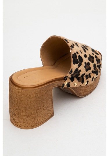 Pull Siyah Sarı Desenli Hakiki Deri Kadın Platform Topuklu Terlik Leopar