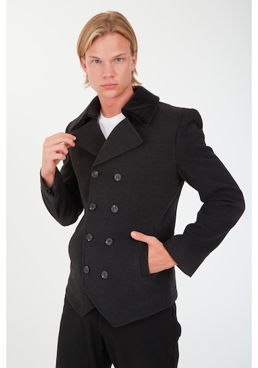 Sposo 1702 Yaka Çıkmalı Kruvaze Yünlü Kaşe Füme Erkek Kısa Kaban Füme