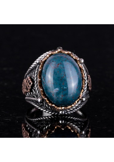 925 Ayar Saf Gümüş Yüzük, Erkekler İçin Gerçek Doğal Taş Yüzük Yeşil Kan Taşı Gümüş