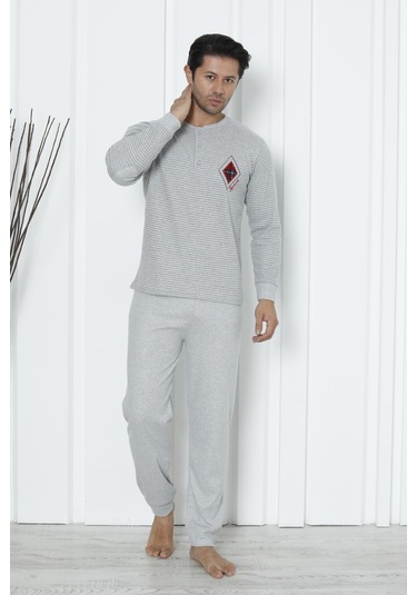 Falkom 5006 İnterlok Kalın Kışlık Çizgili Erkek Ev Pijama Takımı Gri