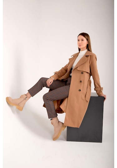 Pastelastore %100 Pamuk Gabardin Uzun 110cm Astarlı Kemerli Kadın Trençkot 1111 Bej