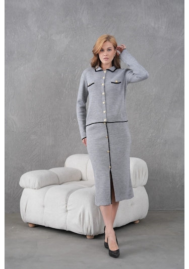 Kadın Polo Yaka Düğme Detay Ceket Uzun Etek İkili Triko Takım Gri