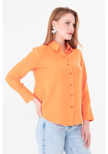 Sortie Collection Uzun Manşetli Keten Gömlek Oranj