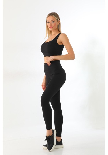 Kallima Siyah Toparlayıcı Yüksek Bel Fitilli Spor Tayt-crop Takım
