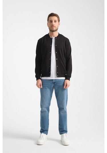 Shooter Sportswear Erkek Sweatshirt Düğmeli Ekru Standart Kalıp Siyah