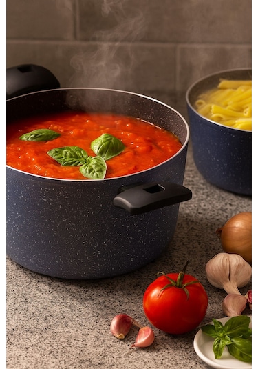 7 Parça Almeria Gri Granit Dik Tencere Ve Tava Seti 20 Cm 2.5l, 24 Cm 4.5l, 26 Cm 3l, 26 Cm Tava Lacivert