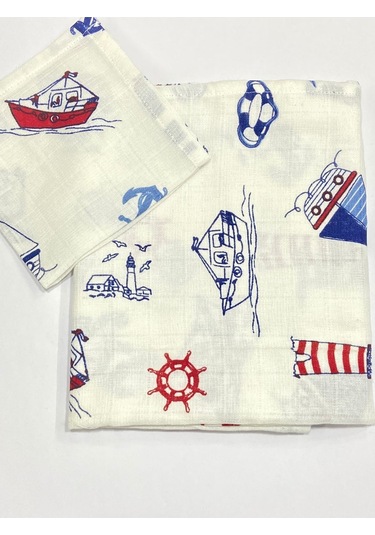 Müslin %100 Organik Pamuk Kumaş Örtü Battaniye 100x100cm+ Ağız Mendili Hediyeli Denizci Mavi Denizci Mavi