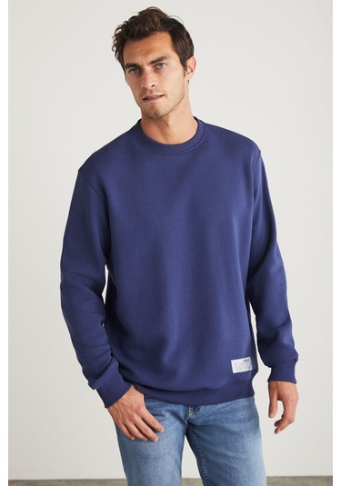 GRIMELANGE Travıs Erkek Organik Kumaşlı Yumuşacık Regular Fit Yuvarlak Yakalı Lacivert Sweatshirt Lacivert