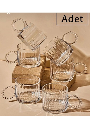 6 Lı Boncuk Desen Kulplu Cam Kupa 300 Cc Beyaz