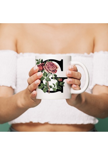 G Baş Harf Kırmızı Güller İle Sarılı Bardak 330 Ml Kişiye Özel Çiçekli Hediye Beyaz