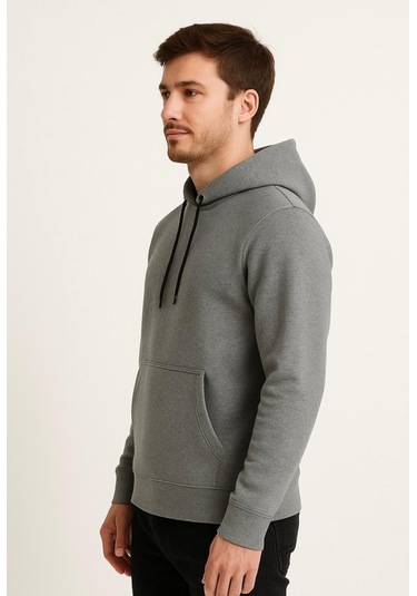 Axxel Erkek Gri Kapüşonlu Sweatshirt-w1108 Gri 3 İplik Şardonlu