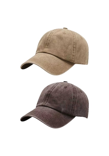 Tezzgelsin Unisex Eskitme Vintage %100 Pamuklu Ayarlanabilir Beyzbol Kep Şapka 2'li Set Camel - Kahverengi