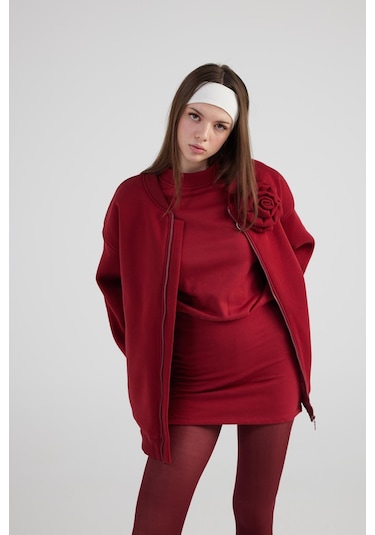Holly Lolly Oversize Çıkarılabilir Gül Detaylı Astarlı Alexa Bomber Ceket Bordo