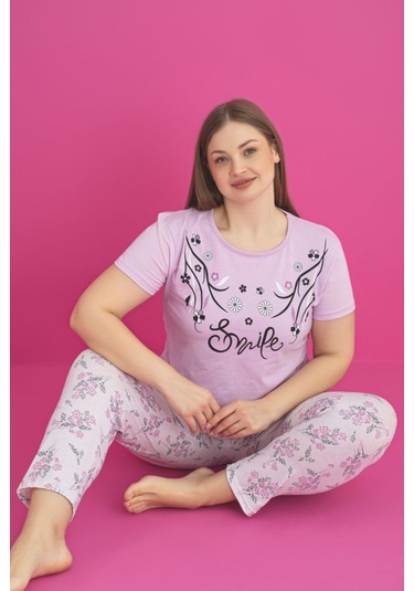 X-dreamy Büyük Beden Pamuklu Çiçekli Kısa Kollu Pijama Takımı Lila