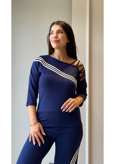 Tua Moda Kadın Uzun Kollu Truvakar Kol Tek Omuz Çapraz Şerit Detaylı Ribanalı Viskon Iki Iplik Bluz Ve Pantolon Ikili Takım Lacivert